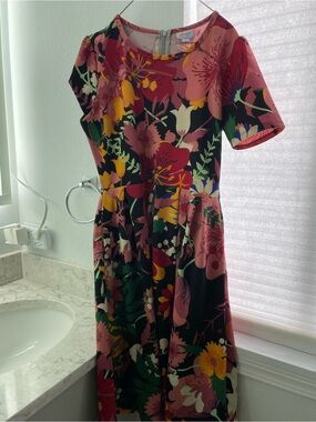 LuLaRoe Black Midi Dress with Pink, Yellow & Green Floral Print